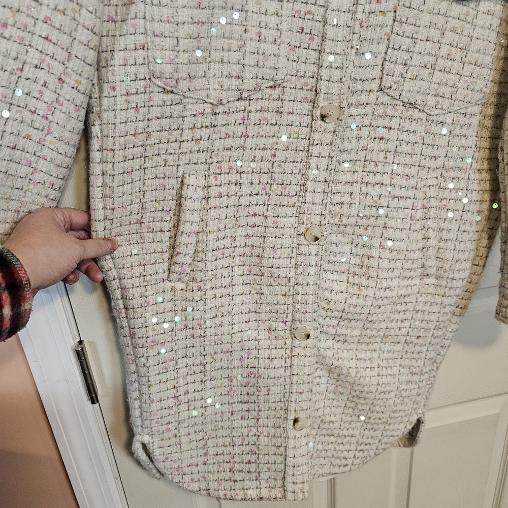 Blank NYC Grand Entrance Sequined Shirt Jacket Tweed Shacket Coat Long - Picture 7 of 10